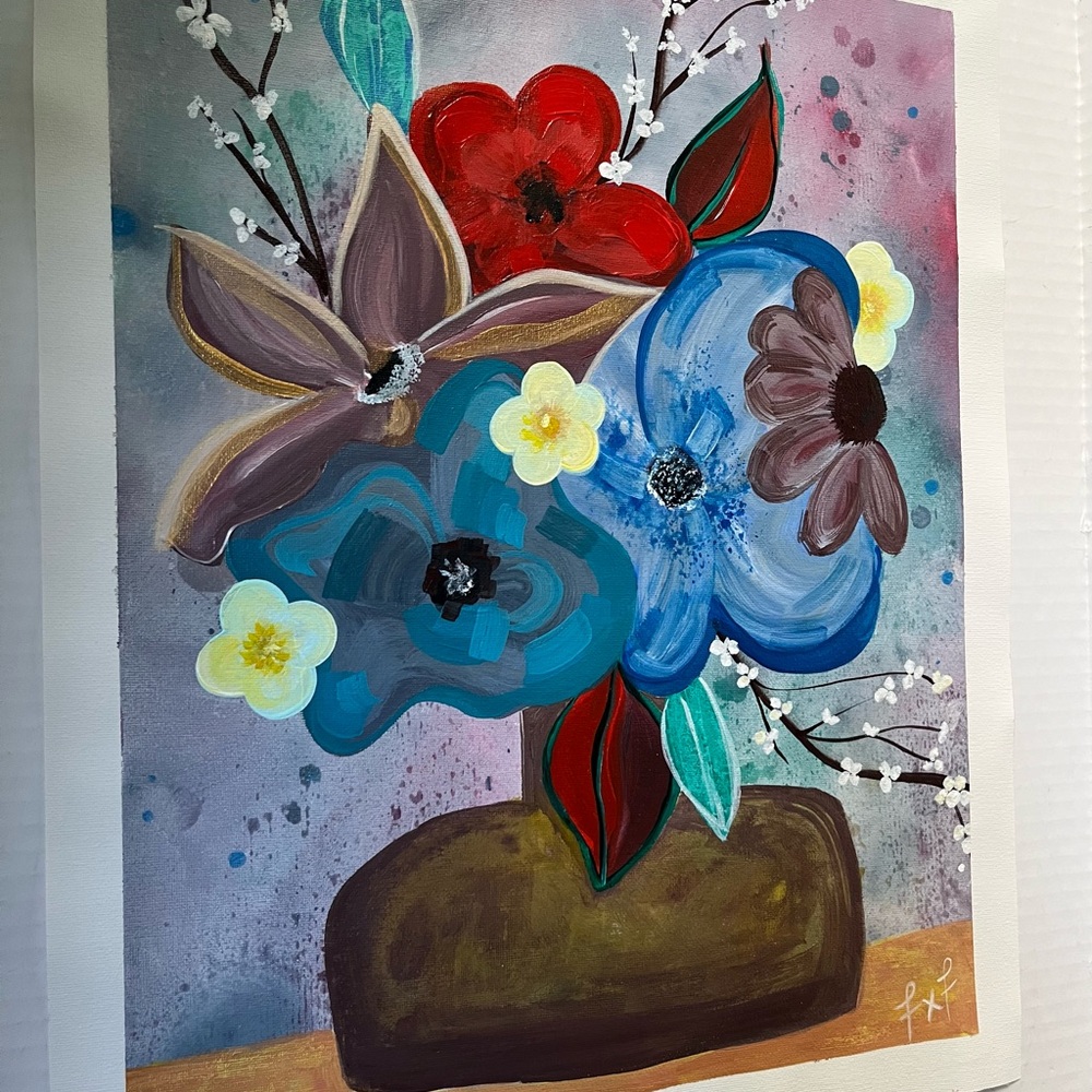 Floral Abstract Art with Red and Blue Accents